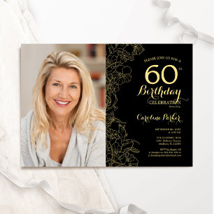 Invitation Elégant Black Gold Floral Photo 60e anniversaire