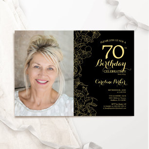 Invitation Elégant Black Gold Floral Photo 70e anniversaire