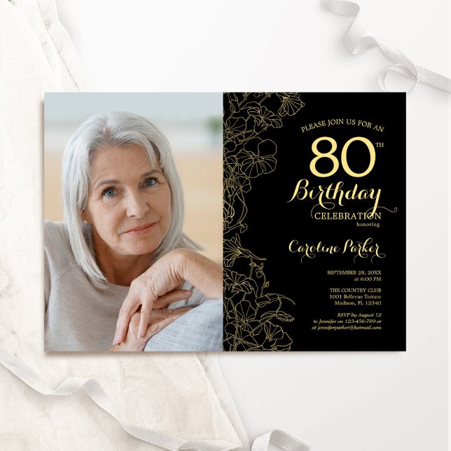 Invitation Elégant Black Gold Floral Photo 80e anniversaire (Créateur téléchargé)