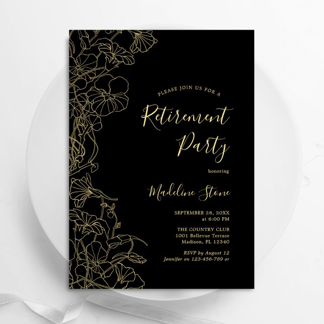 Invitation Élégant Black Gold Floral Retraite Party (Créateur téléchargé)