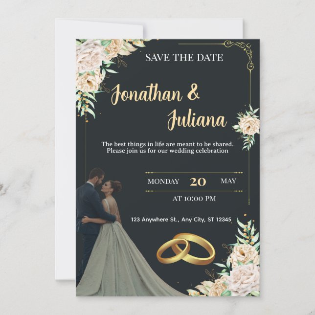 Invitation Elegant Black & Gold Floral Save the Date Wedding  (Devant)
