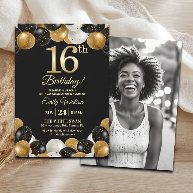Invitation Elegant Black Gold Glitter 16th Birthday Photo (Créateur téléchargé)