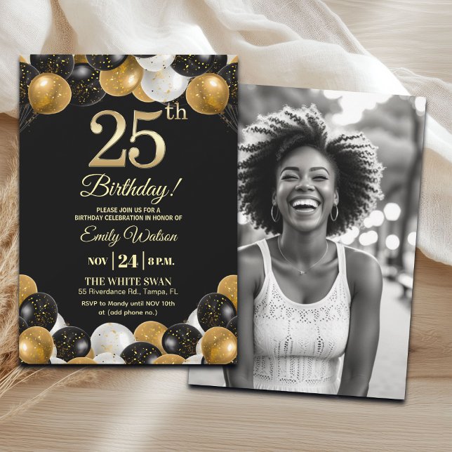 Invitation Elegant Black Gold Glitter 25th Birthday Photo (Créateur téléchargé)
