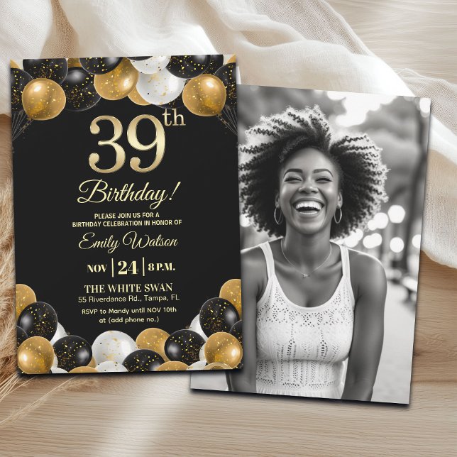 Invitation Elegant Black Gold Glitter 39th Birthday Photo (Créateur téléchargé)