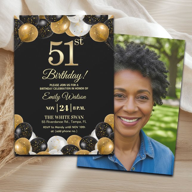 Invitation Elegant Black Gold Glitter 51st Birthday Photo (Créateur téléchargé)