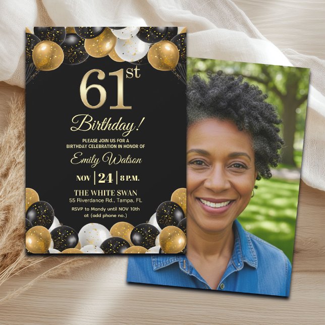 Invitation Elegant Black Gold Glitter 61st Birthday Photo (Créateur téléchargé)