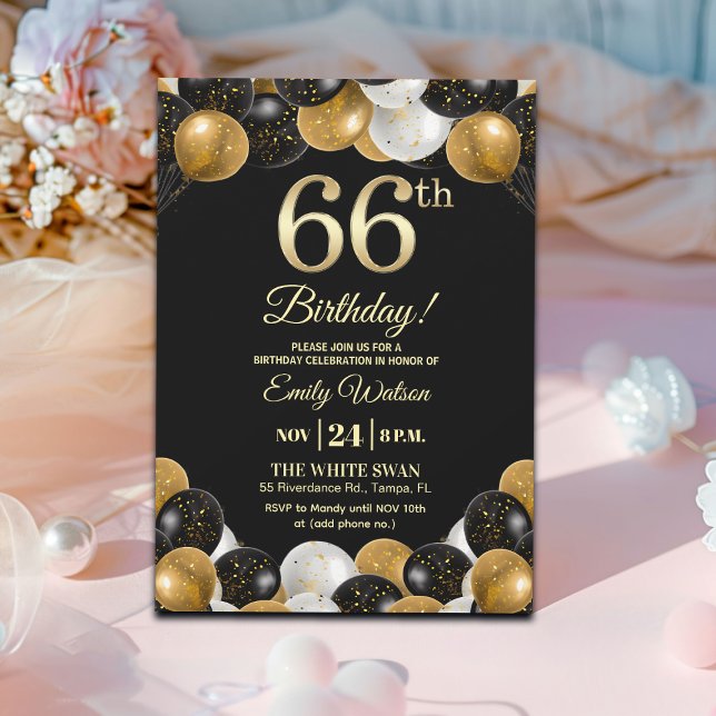 Invitation Elegant Black Gold Glitter 66th Birthday Party (Créateur téléchargé)