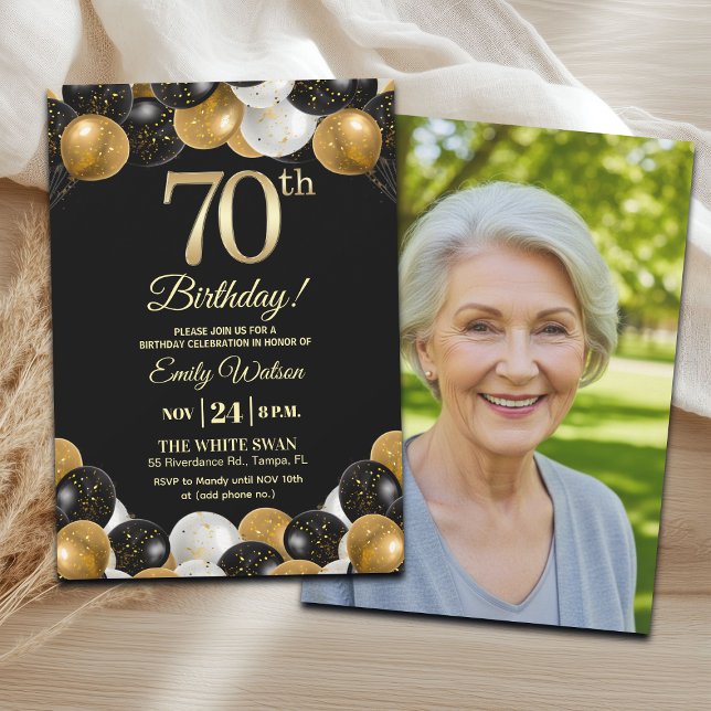 Invitation Elegant Black Gold Glitter 70th Birthday Photo (Créateur téléchargé)