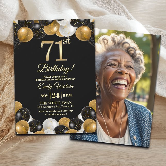 Invitation Elegant Black Gold Glitter 71st Birthday Photo (Créateur téléchargé)