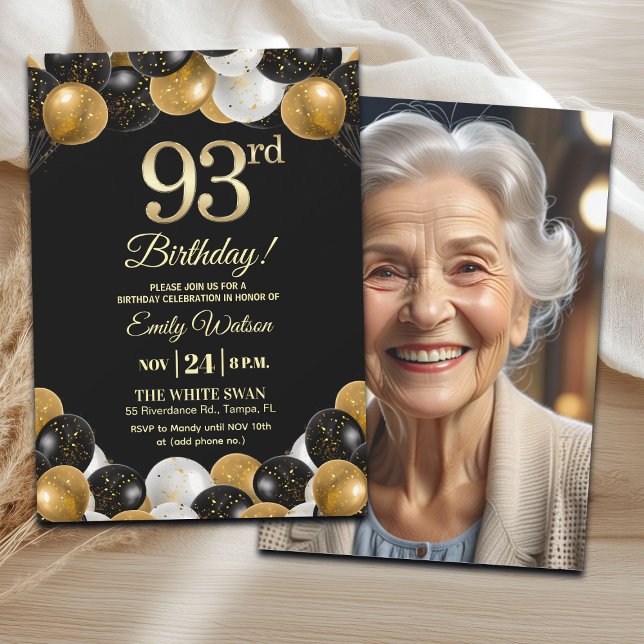 Invitation Elegant Black Gold Glitter 93rd Birthday Photo (Créateur téléchargé)