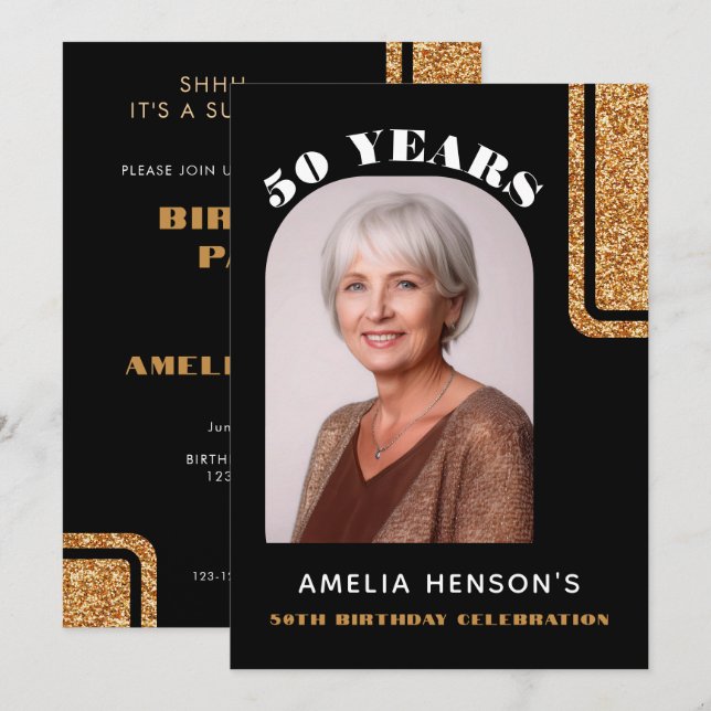 Invitation Elegant Black Gold Glitter Photo 50th Birthday (Devant / Derrière)