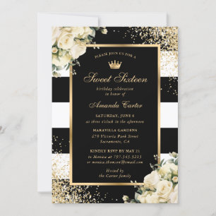 Invitation Elégant Black Gold Ivory Floral Sweet 16 Anniversa