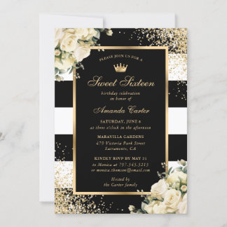 Invitation Elégant Black Gold Ivory Floral Sweet 16 Anniversa