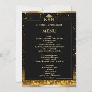 Invitation Elégant Black Gold Médicale Graduation Menu du dîn