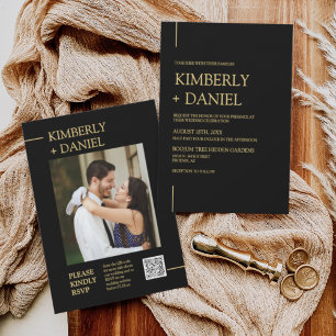 Invitation Elégant Black Gold Minimal Mariage QR Code photo