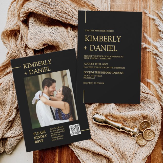 Invitation Elégant Black Gold Minimal Mariage QR Code photo (Créateur téléchargé)