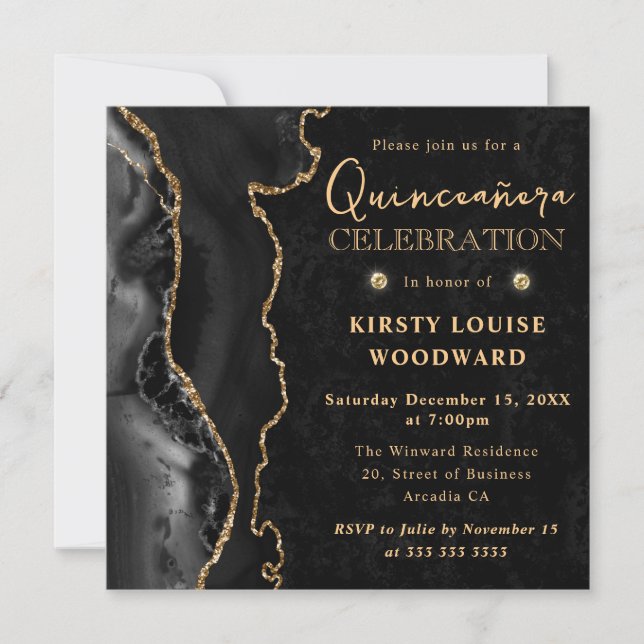 Invitation Elégant Black Gold Parties scintillant Agate Quinc (Devant)