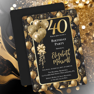 Invitation Elégant Black Gold Parties scintillant Ballons 40e