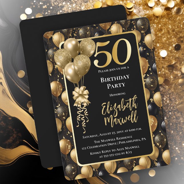 Invitation Elégant Black Gold Parties scintillant Ballons 50e (Elegant Black Gold-Tone Faux Glitter Balloons Pattern 50th Birthday Party Invitation 
Print Digital)