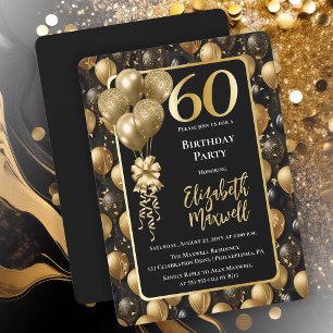 Invitation Elégant Black Gold Parties scintillant Ballons 60e