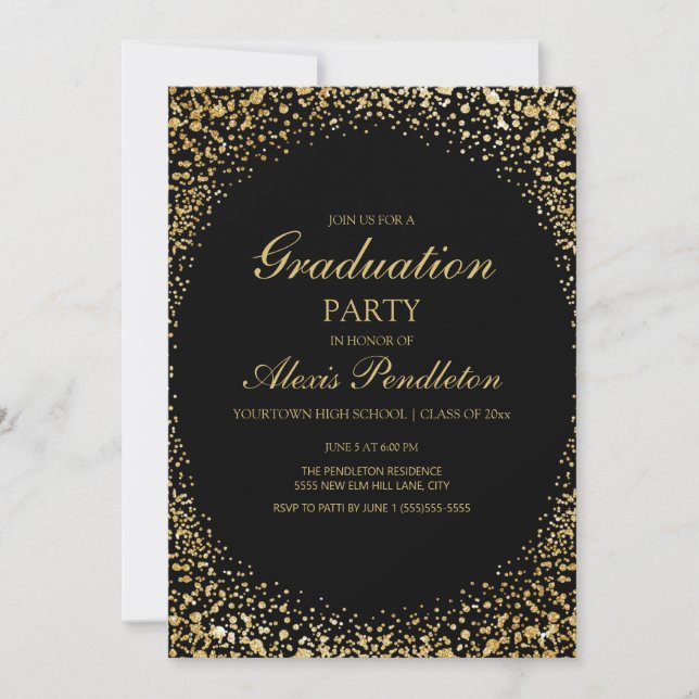 Invitation Elégant Black Gold Parties scintillant Graduation (Devant)