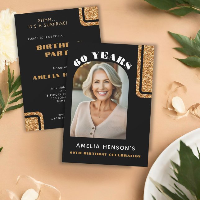 Invitation Elégant Black Gold Parties scintillant Photo 60e a (Créateur téléchargé)