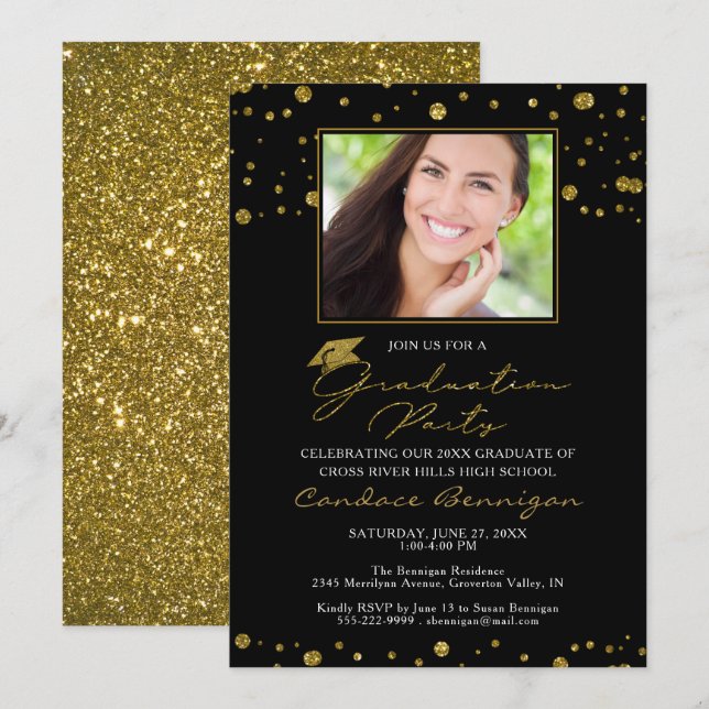 Invitation Élégant Black Gold Parties scintillant Script Grad (Devant / Derrière)