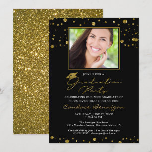 Invitation Élégant Black Gold Parties scintillant Script Grad