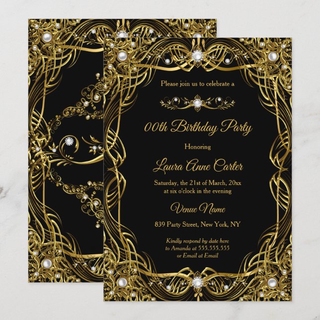 Invitation Elégant Black Gold Pearl Damask Anniversaire (Devant / Derrière)