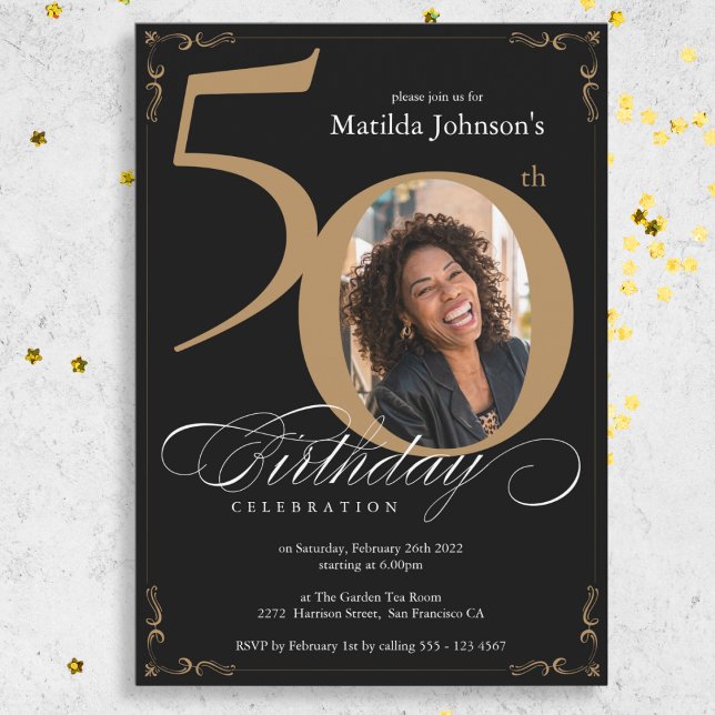 Invitation Elégant Black Gold Photo personnalisée 50e anniver (Elegant Black Gold Custom Photo 50th Birthday Invitation)