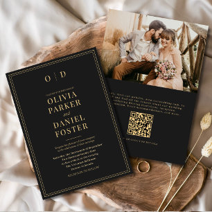 Invitation Elégant Black Gold Photo QR Code Mariage
