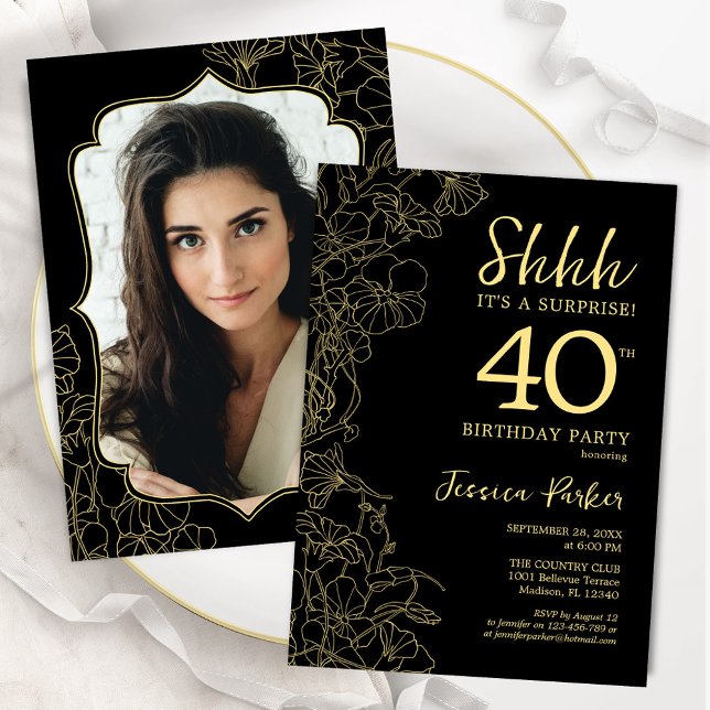 Invitation Elégant Black Gold Photo Surprise 40e anniversaire (Créateur téléchargé)