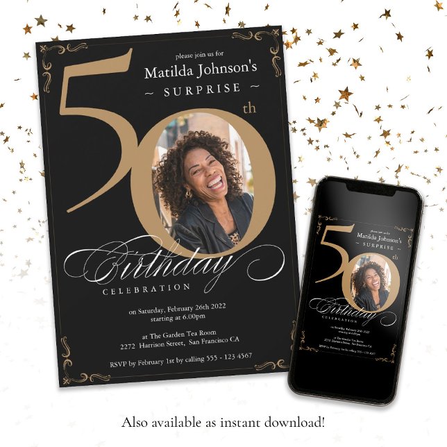 Invitation Elégant Black Gold Photo Surprise 50e anniversaire (Surprise 50th Birthday Elegant Black Gold Photo Invitation)
