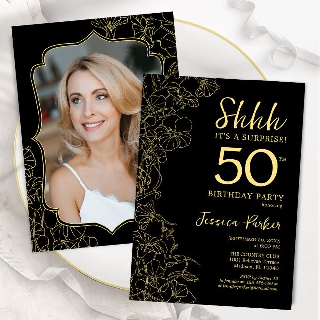 Invitation Elégant Black Gold Photo Surprise 50e anniversaire (Créateur téléchargé)