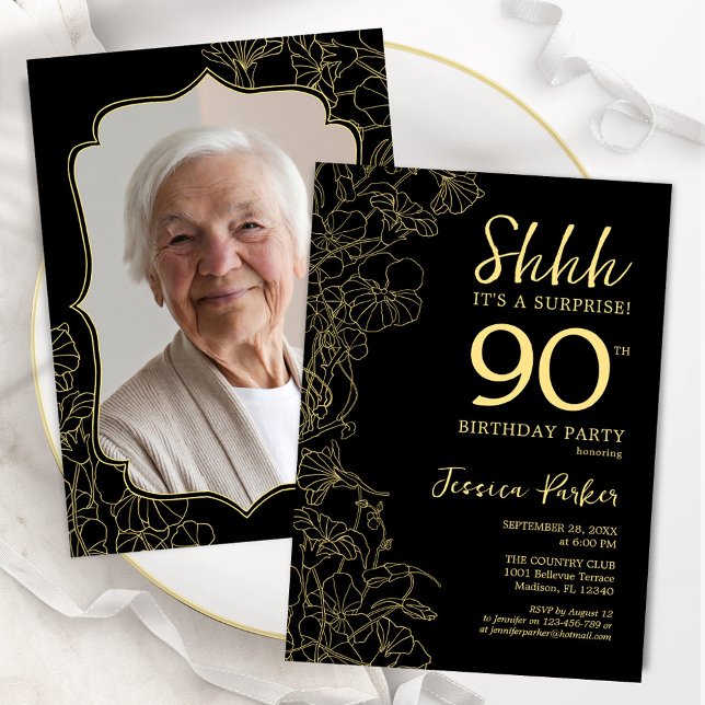 Invitation Elégant Black Gold Photo Surprise 90e anniversaire (Créateur téléchargé)