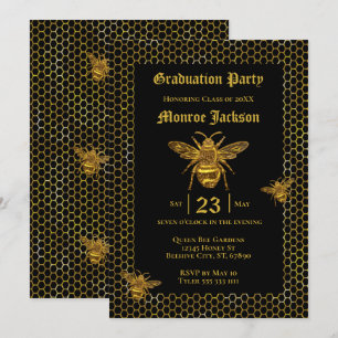 Invitation Élégant Black Gold Queen Bee Beehive Graduation