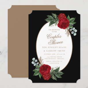 Invitation Elégant Black & Gold Red Floral Couple's Shower
