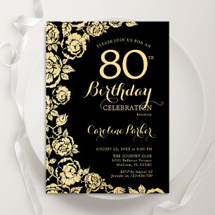 Invitation Elégant Black Gold Roses 80e fête d'anniversaire
