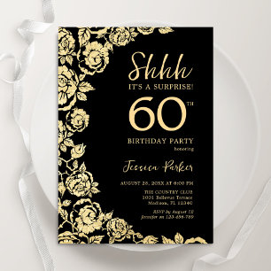 Invitation Elégant Black Gold Roses Surprise 60e anniversaire