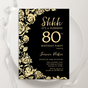 Invitation Elégant Black Gold Roses Surprise 80e anniversaire