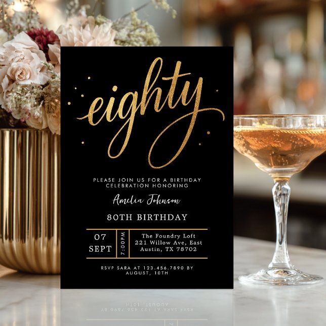 Invitation Elegant Black & Gold Script Eighty 80th Birthday (Celebrate eighty in elegant style with this luxurious black and gold invitation.)
