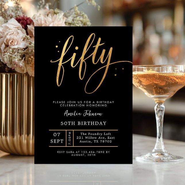 Invitation Elegant Black & Gold Script Fifty 50th Birthday  (Celebrate fifty in timeless style with this elegant black and gold invitation)