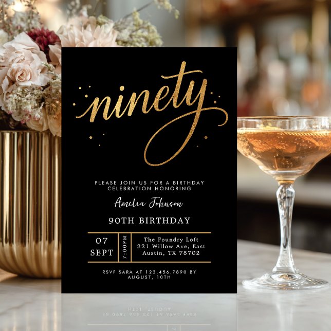Invitation Elegant Black & Gold Script Ninety 90th Birthday (Celebrate ninety in timeless style with this elegant black and gold invitation.)