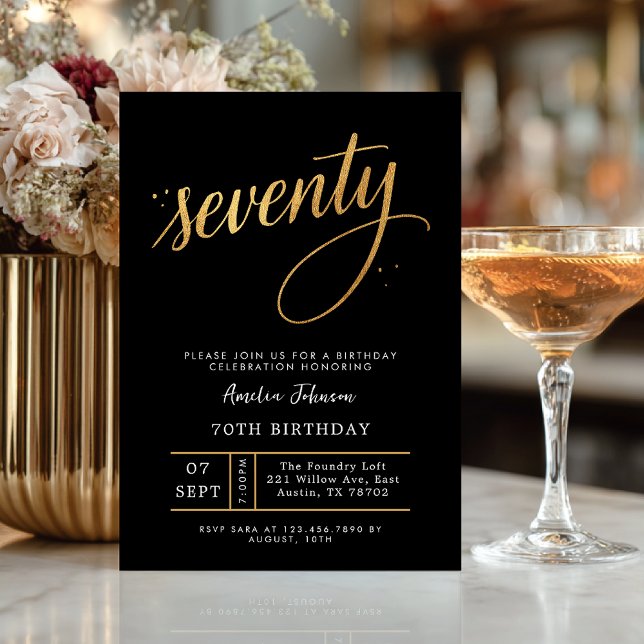 Invitation Elegant Black & Gold Script Seventy 70th Birthday  (Celebrate seventy in timeless style with this elegant black and gold invitation.)