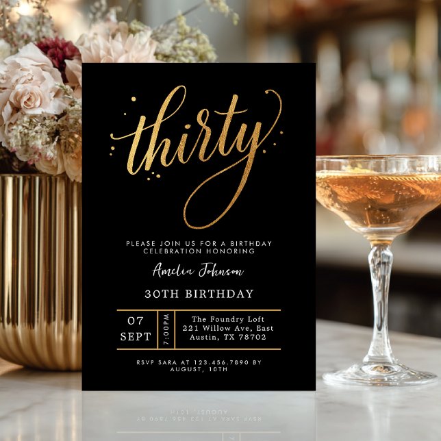 Invitation Elegant Black & Gold Script Thirty 30th Birthday (Créateur téléchargé)