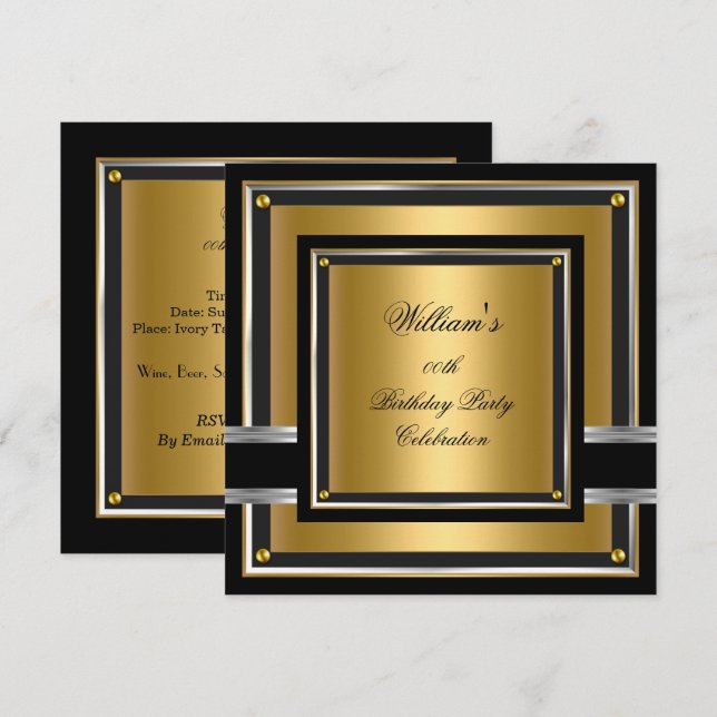 Invitation Elégant Black Gold Silver Hommes Fête d'anniversai (Devant / Derrière)