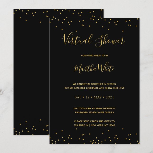 Invitation Élégant Black Gold Simple Fête des mariées virtuel (Devant / Derrière)
