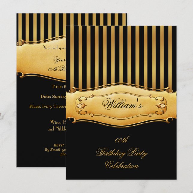 Invitation Élégant Black Gold Stripe Anniversaire Party Homme (Devant / Derrière)