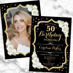 Invitation Elégant Black Gold White Photo 50e anniversaire
