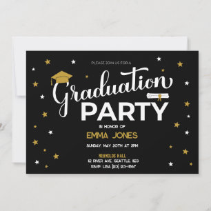 Invitation Elégant Black Gold White Stars Tassel Graduation
